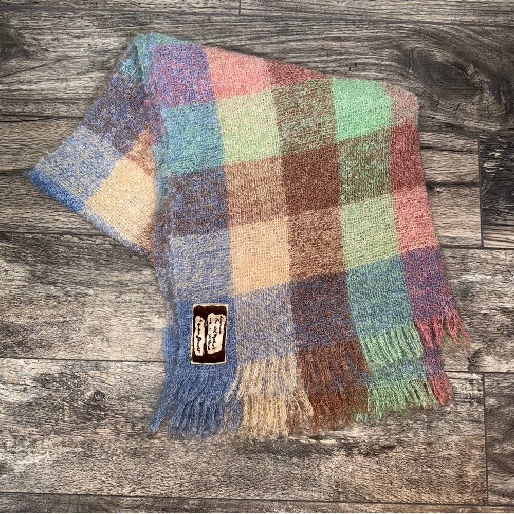 Andrew Stewart Handwoven 100% Mohair Scarf-Made in Scotland-Pastel Plaid-Vintage